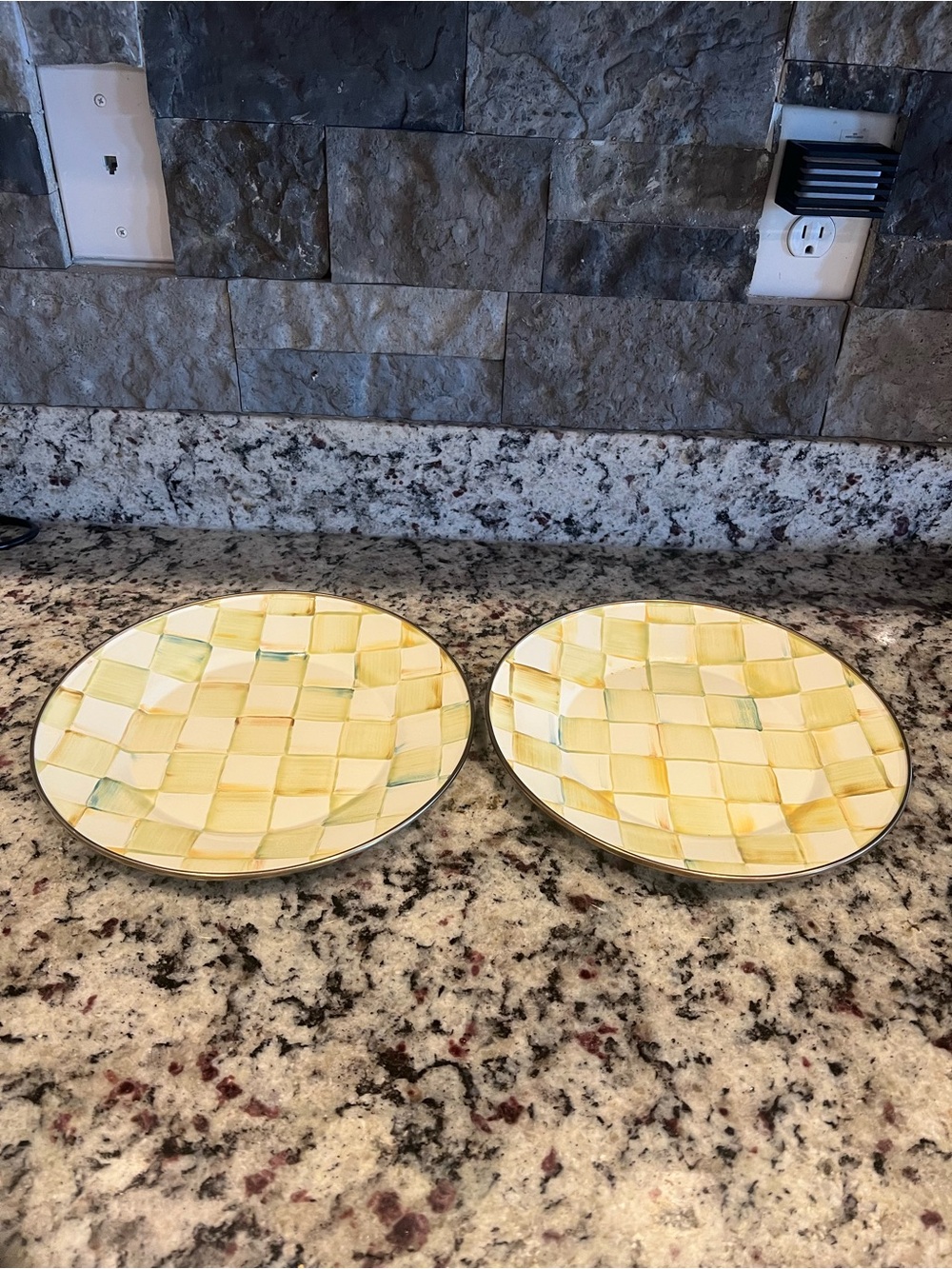 Mackenzie-Childs Parchment Check
Dinner Plates - 10”.  Set of 2.  RETIRED -
HTF!